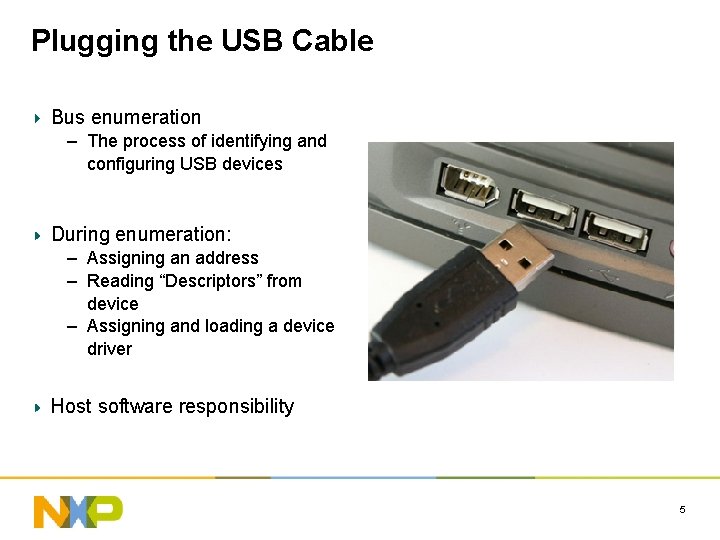 Plugging the USB Cable Bus enumeration – The process of identifying and configuring USB