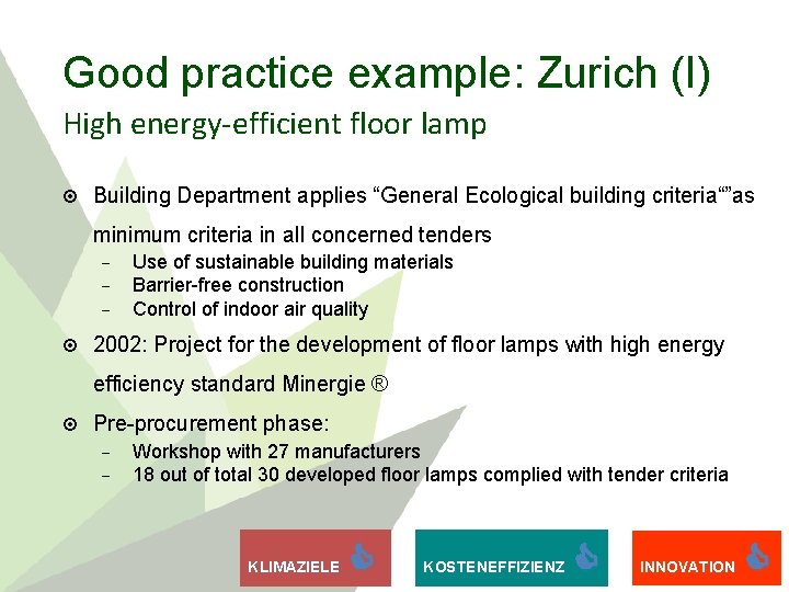 Good practice example: Zurich (I) High energy-efficient floor lamp Building Department applies “General Ecological