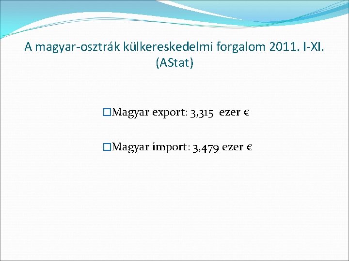 A magyar-osztrák külkereskedelmi forgalom 2011. I-XI. (AStat) �Magyar export: 3, 315 ezer € �Magyar