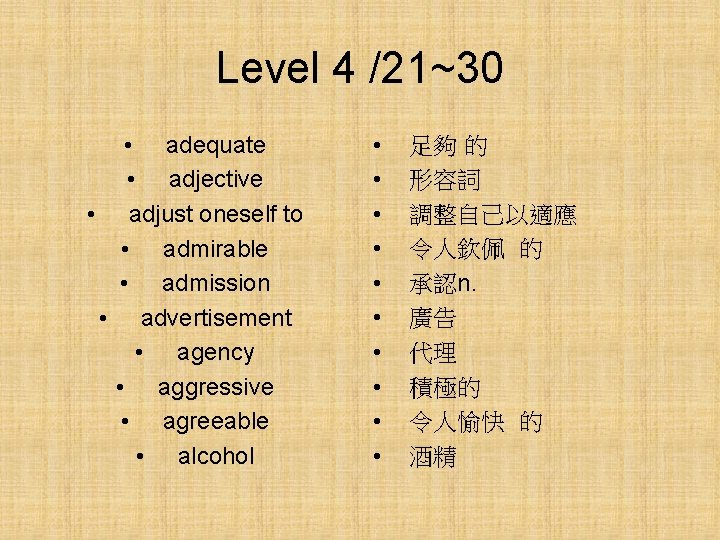 Level 4 /21~30 • adequate • adjective • adjust oneself to • admirable •