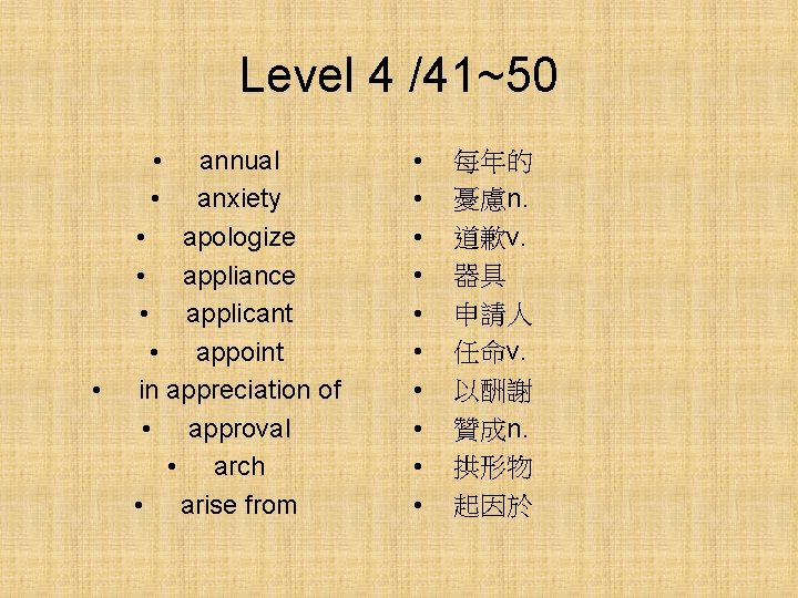 Level 4 /41~50 • • • annual anxiety • apologize • appliance • applicant