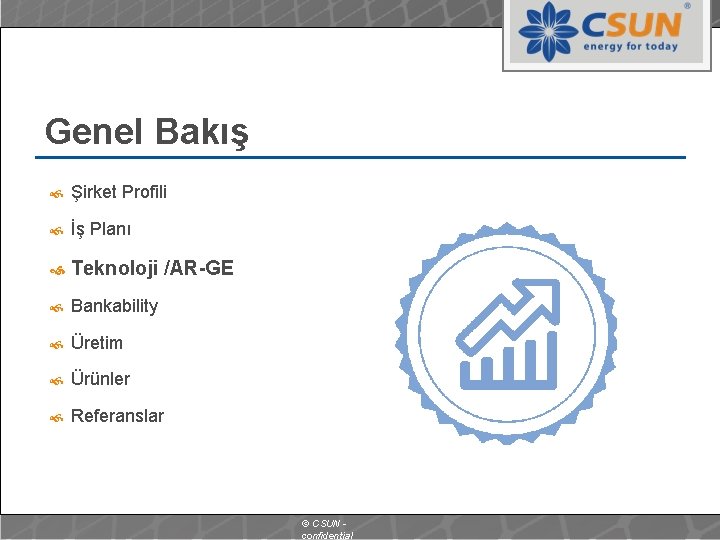 Genel Bakış Şirket Profili İş Planı Teknoloji /AR-GE Bankability Üretim Ürünler Referanslar © CSUN