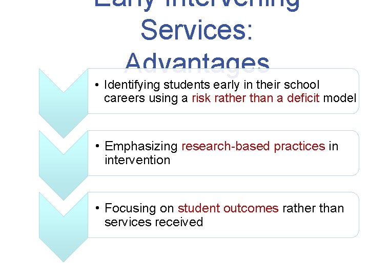 Early Intervening Services: Advantages • Identifying students early in their school careers using a