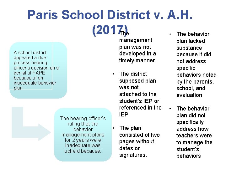 Paris School District v. A. H. (2017) • The behavior management plan was not