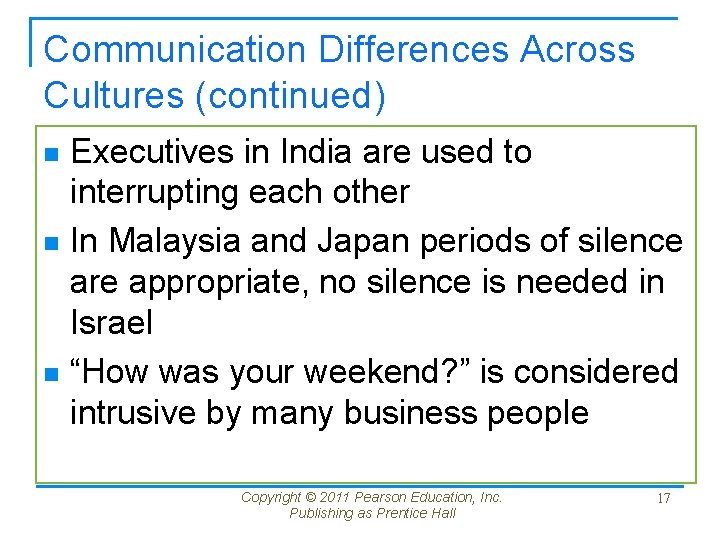 Communication Differences Across Cultures (continued) Executives in India are used to interrupting each other