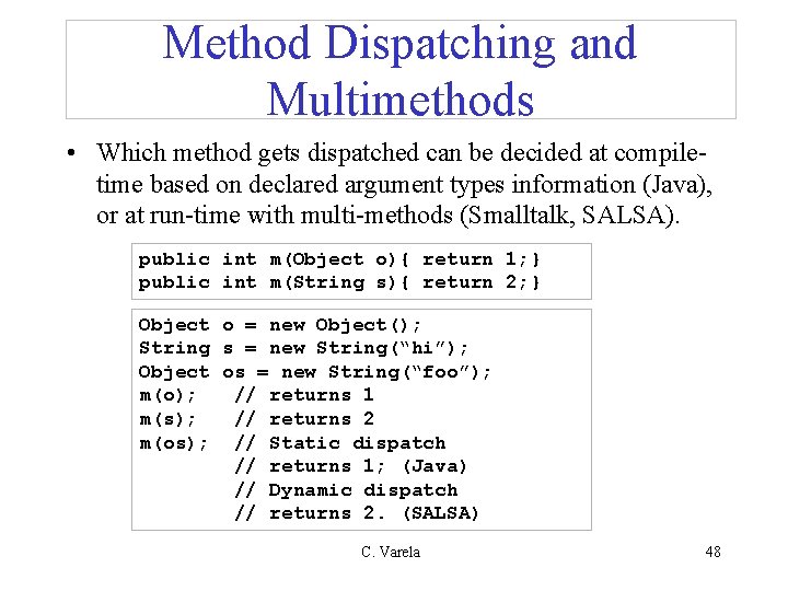 Method Dispatching and Multimethods • Which method gets dispatched can be decided at compiletime