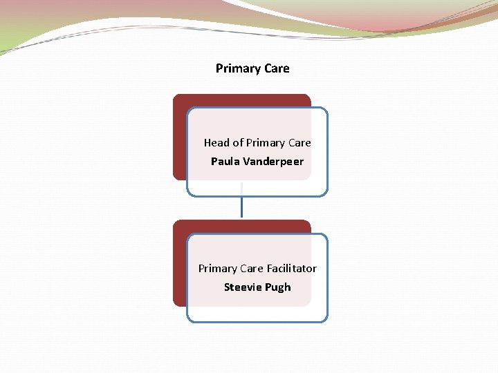 Primary Care Head of Primary Care Paula Vanderpeer Primary Care Facilitator Steevie Pugh 