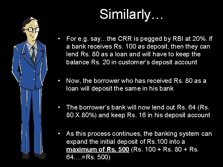 Similarly… • For e. g. say…the CRR is pegged by RBI at 20%. if