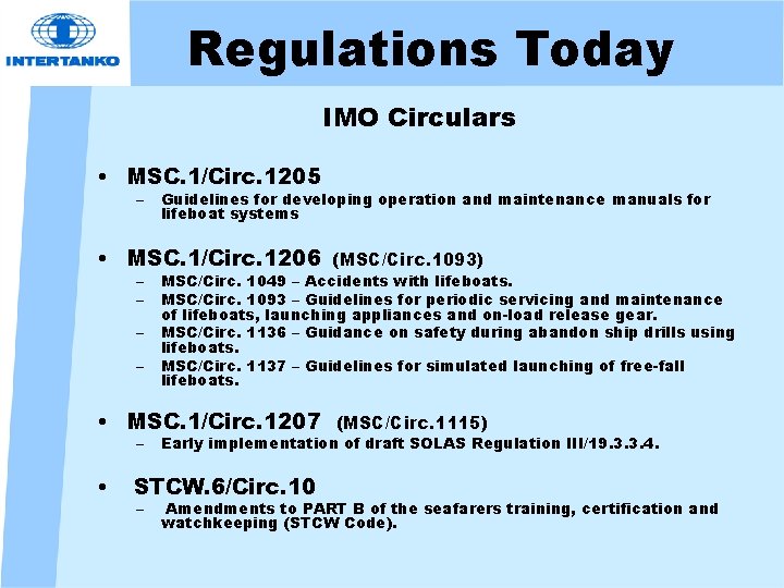 Regulations Today IMO Circulars • MSC. 1/Circ. 1205 – Guidelines for developing operation and