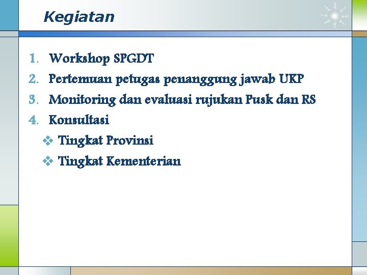 Kegiatan 1. 2. 3. 4. Workshop SPGDT Pertemuan petugas penanggung jawab UKP Monitoring dan