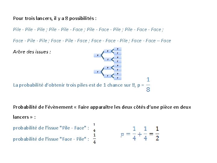 Pour trois lancers, il y a 8 possibilités : Pile - Pile ; Pile