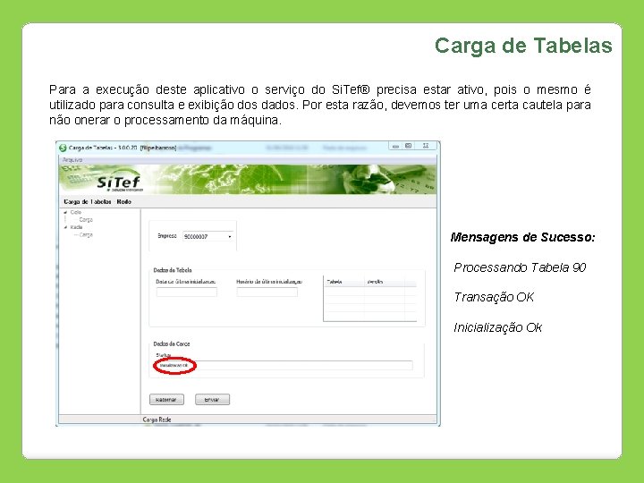Carga de Tabelas Para a execução deste aplicativo o serviço do Si. Tef® precisa
