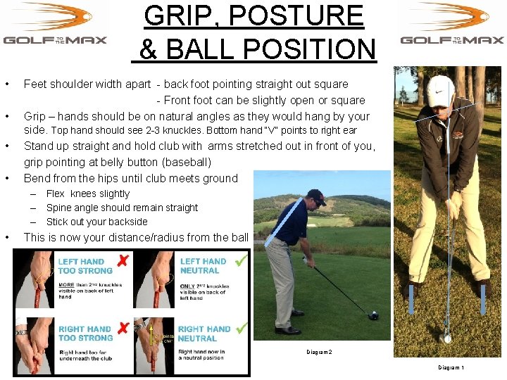 GRIP, POSTURE & BALL POSITION • • Feet shoulder width apart - back foot