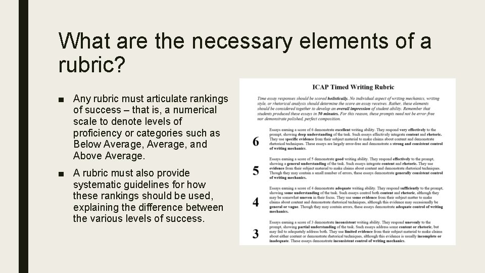 What are the necessary elements of a rubric? ■ Any rubric must articulate rankings