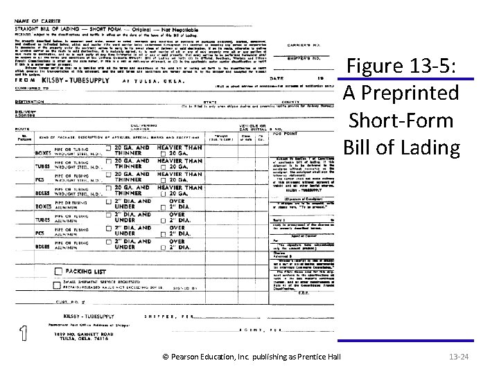 Figure 13 -5: A Preprinted Short-Form Bill of Lading © Pearson Education, Inc. publishing