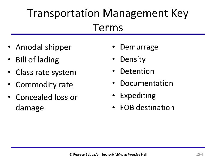 Transportation Management Key Terms • • • Amodal shipper Bill of lading Class rate