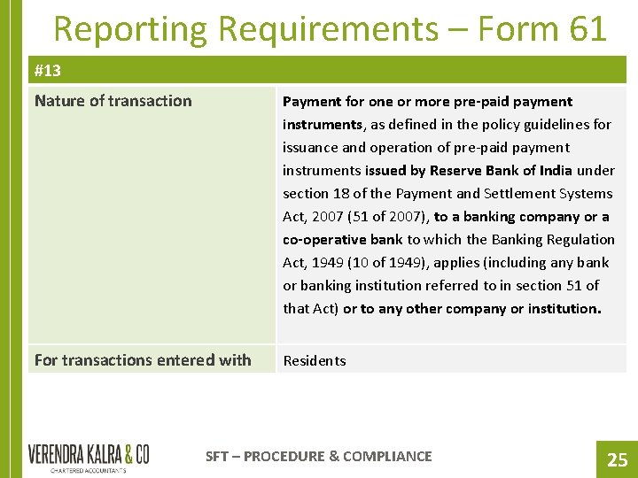 Reporting Requirements – Form 61 #13 Nature of transaction Payment for one or more
