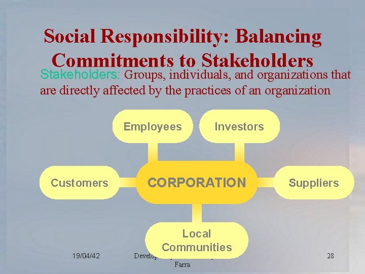 Social Responsibility: Balancing Commitments to Stakeholders: Groups, individuals, and organizations that are directly affected