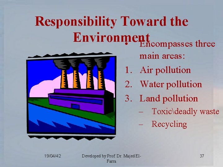 Responsibility Toward the Environment • Encompasses three main areas: 1. Air pollution 2. Water