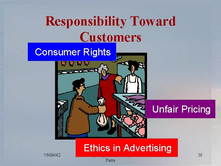 Responsibility Toward Customers Consumer Rights Unfair Pricing 19/04/42 Ethics in Advertising Developed by Prof.