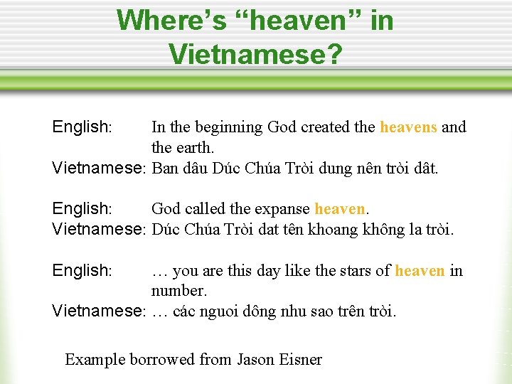 Where’s “heaven” in Vietnamese? English: In the beginning God created the heavens and the