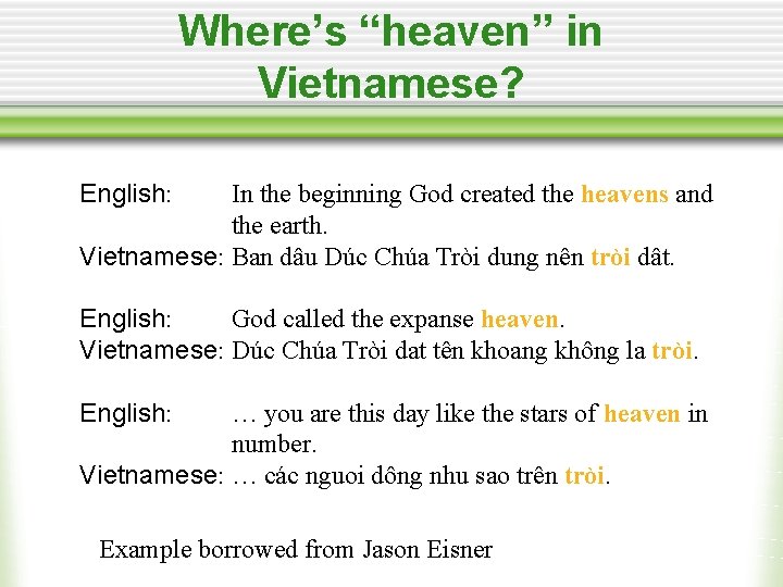 Where’s “heaven” in Vietnamese? English: In the beginning God created the heavens and the