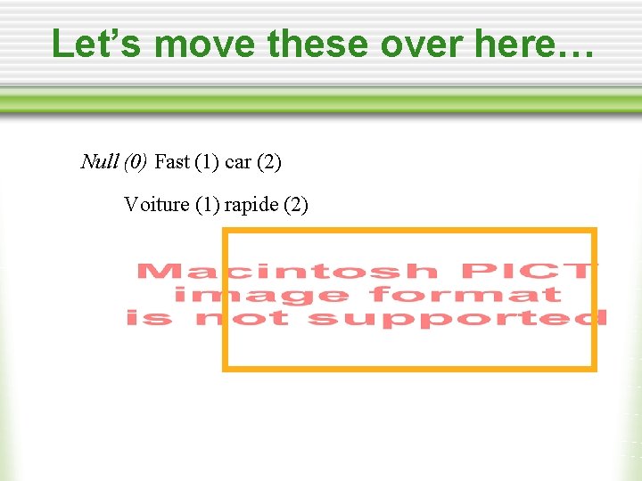 Let’s move these over here… Null (0) Fast (1) car (2) Voiture (1) rapide