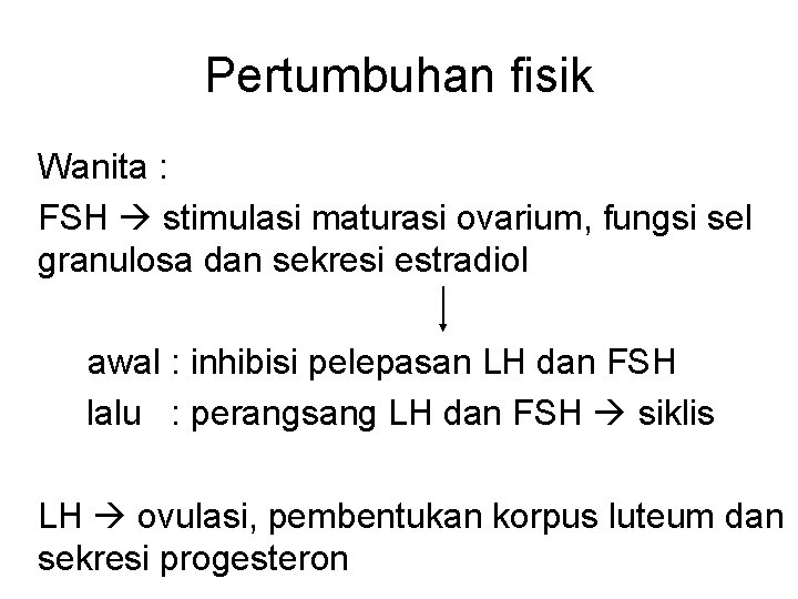 Pertumbuhan fisik Wanita : FSH stimulasi maturasi ovarium, fungsi sel granulosa dan sekresi estradiol