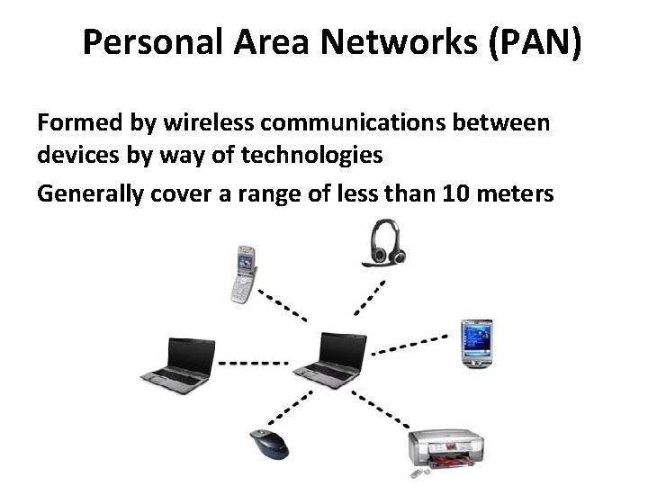 Personal Area Networks (PAN) Formed by wireless communications between devices by way of technologies