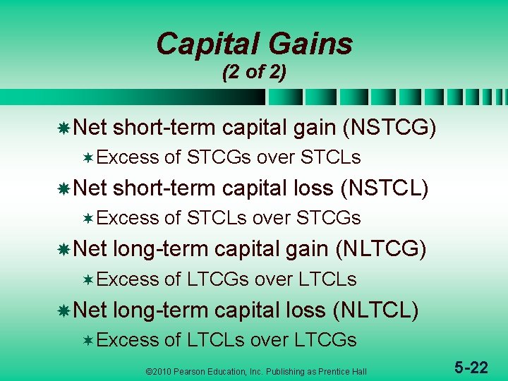 Capital Gains (2 of 2) Net short-term capital gain (NSTCG) ¬Excess Net short-term capital