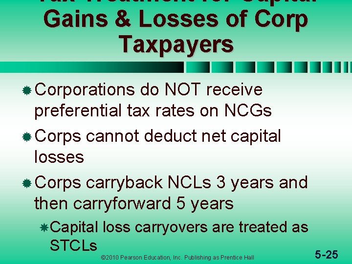 Tax Treatment for Capital Gains & Losses of Corp Taxpayers ® Corporations do NOT