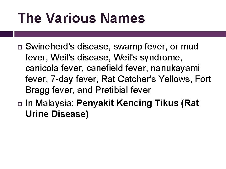 The Various Names Swineherd's disease, swamp fever, or mud fever, Weil's disease, Weil's syndrome,