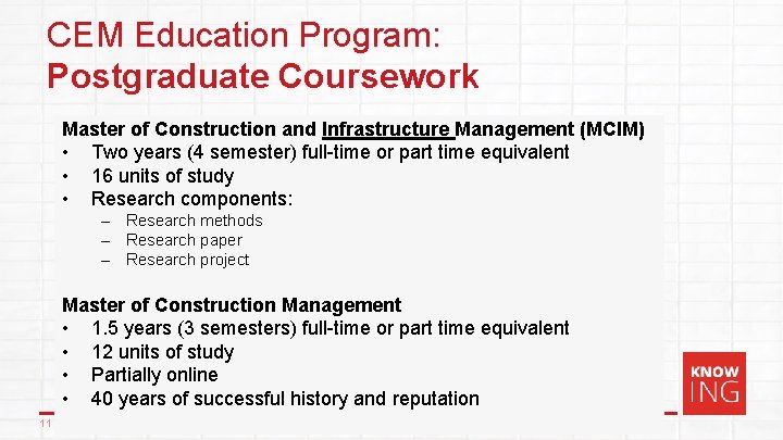 CEM Education Program: Postgraduate Coursework Master of Construction and Infrastructure Management (MCIM) • Two