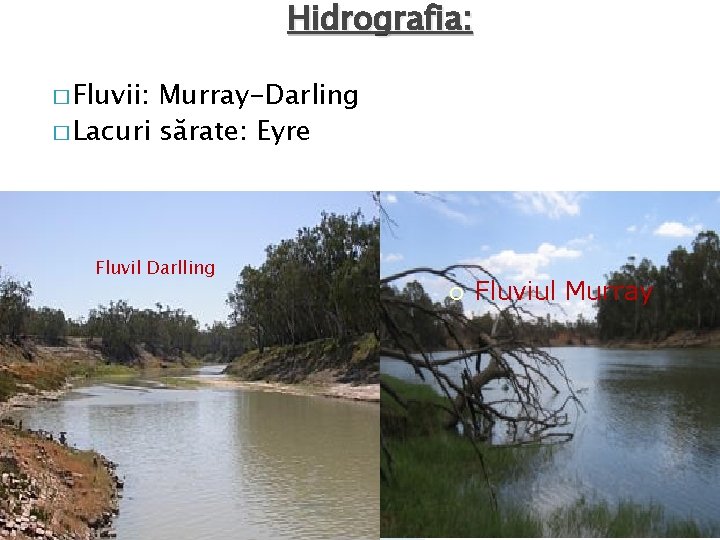 Hidrografia: � Fluvii: Murray-Darling � Lacuri sărate: Eyre Fluvil Darlling ¡ Fluviul Murray 