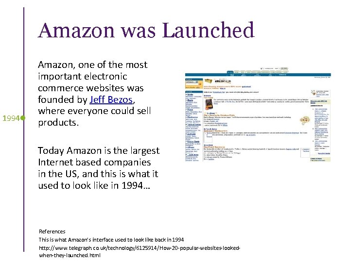 Amazon was Launched 1994 Amazon, one of the most important electronic commerce websites was