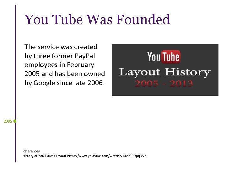 You Tube Was Founded The service was created by three former Pay. Pal employees