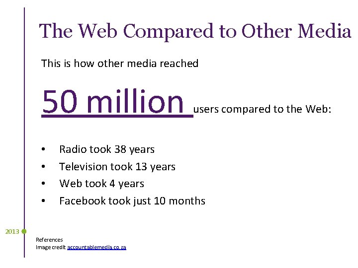 The Web Compared to Other Media This is how other media reached 50 million