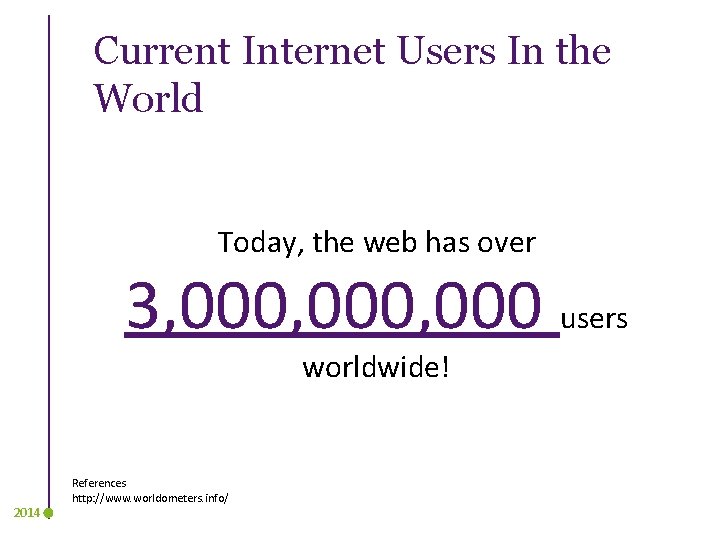 Current Internet Users In the World Today, the web has over 3, 000, 000