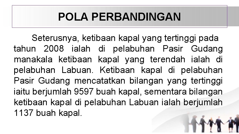 POLA PERBANDINGAN Seterusnya, ketibaan kapal yang tertinggi pada tahun 2008 ialah di pelabuhan Pasir