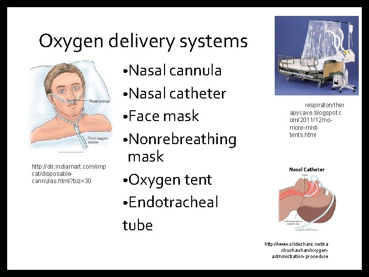 Oxygen delivery systems • Nasal cannula • Nasal catheter • Face mask • Nonrebreathing