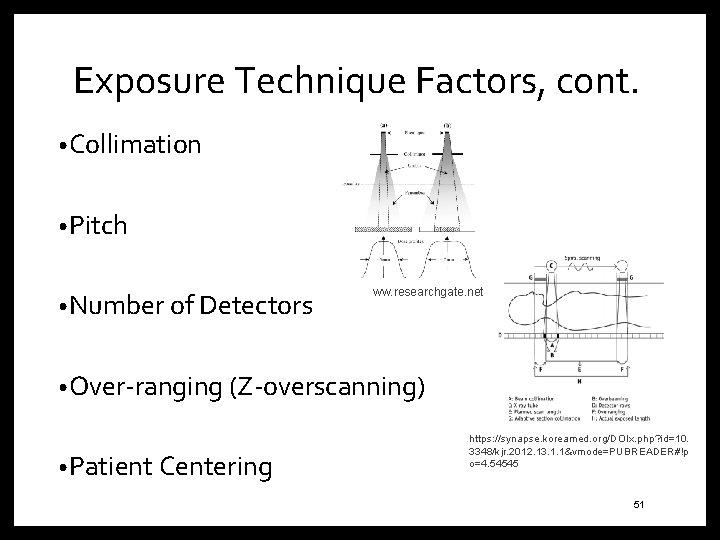 Exposure Technique Factors, cont. • Collimation • Pitch • Number of Detectors www. researchgate.