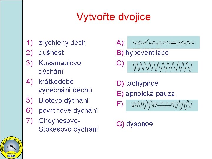 Vytvořte dvojice 1) zrychlený dech 2) dušnost 3) Kussmaulovo dýchání 4) krátkodobé vynechání dechu