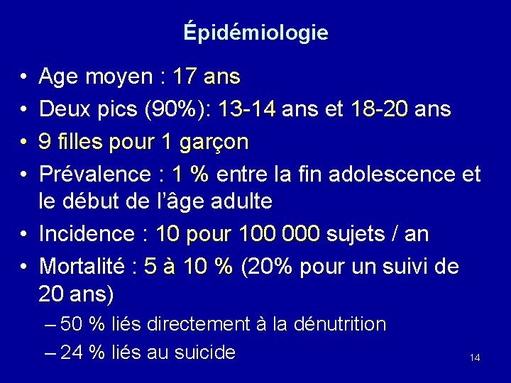 Épidémiologie • • Age moyen : 17 ans Deux pics (90%): 13 -14 ans