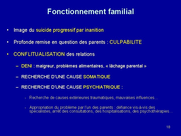 Fonctionnement familial • Image du suicide progressif par inanition • Profonde remise en question