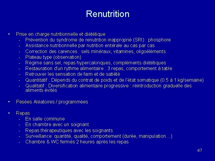 Renutrition • Prise en charge nutritionnelle et diététique - Prévention du syndrome de renutrition