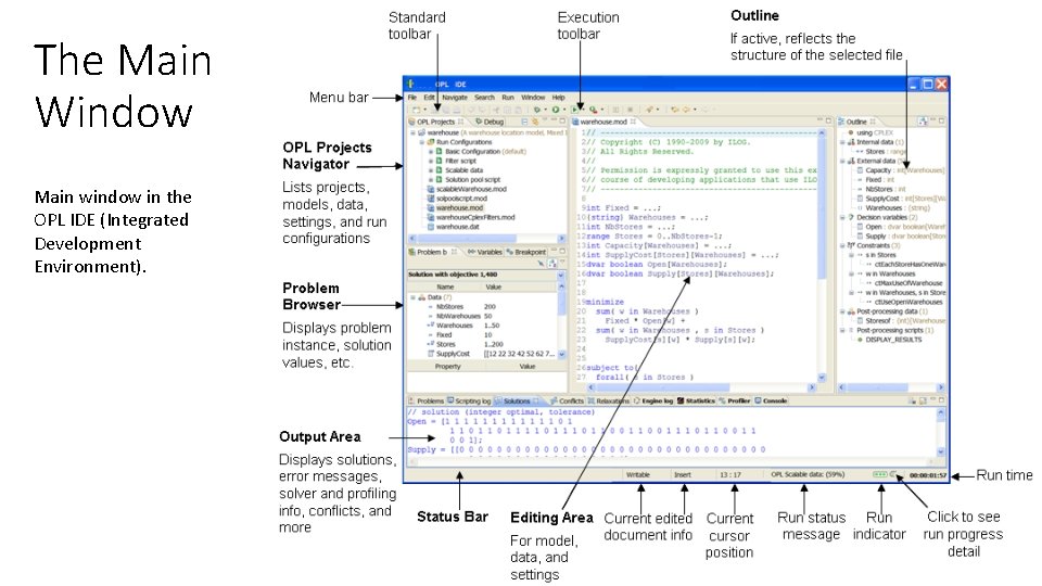 The Main Window Main window in the OPL IDE (Integrated Development Environment). 