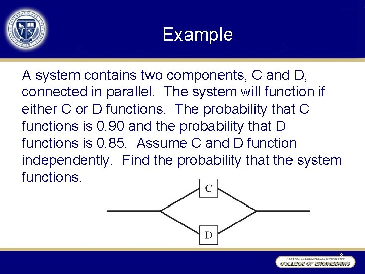 Example A system contains two components, C and D, connected in parallel. The system