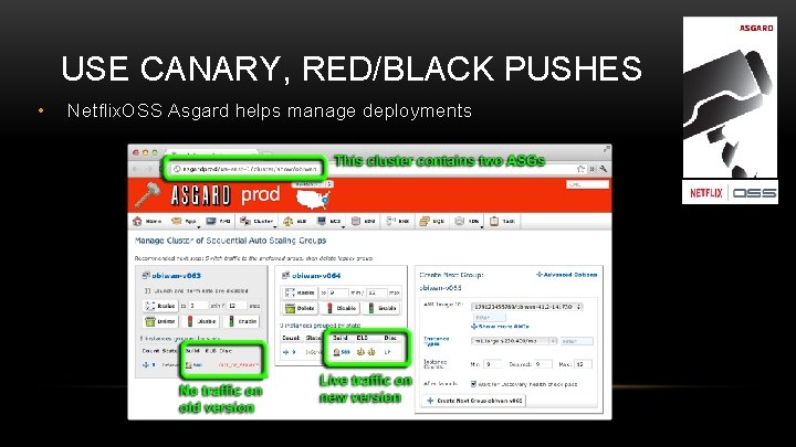 USE CANARY, RED/BLACK PUSHES • Netflix. OSS Asgard helps manage deployments 