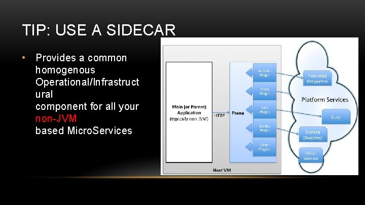 TIP: USE A SIDECAR • Provides a common homogenous Operational/Infrastruct ural component for all