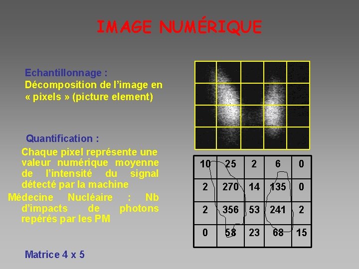 IMAGE NUMÉRIQUE Echantillonnage : Décomposition de l’image en « pixels » (picture element) Quantification
